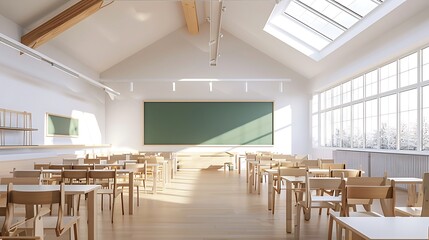 3D rendering of an empty school classroom with tables and chairs arranged neatly in front of a blackboard