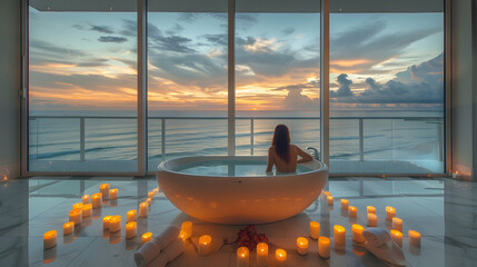 Luxurious Oceanview Bathroom Oasis with Freestanding Tub and Candlelit Ambiance