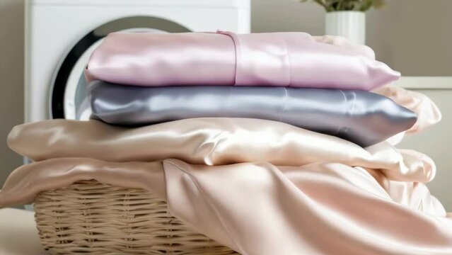 A basket full of white and pink bedding is piled on top of each other. The bedding is made up of sheets, pillowcases, and a robe