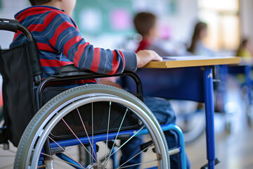 Close up of a boy in a wheelchair in classroom. Inclusivity and equality in education. Shallow depth of field