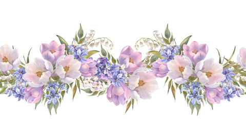 Watercolor seamless bordure with spring flowers. Watercolor background with blossoming crocuses,...