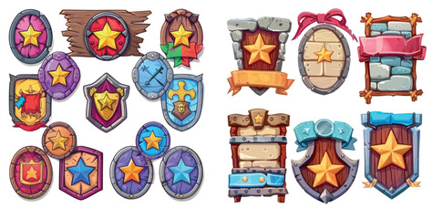  design for mobile game badges with medieval stone and wood labels with victory signs, ribbons, and star rating