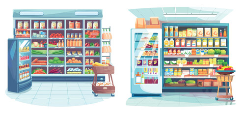 A cartoon illustration of products inside a supermarket with refrigerators and shelves, vegetables on racks, and scales.