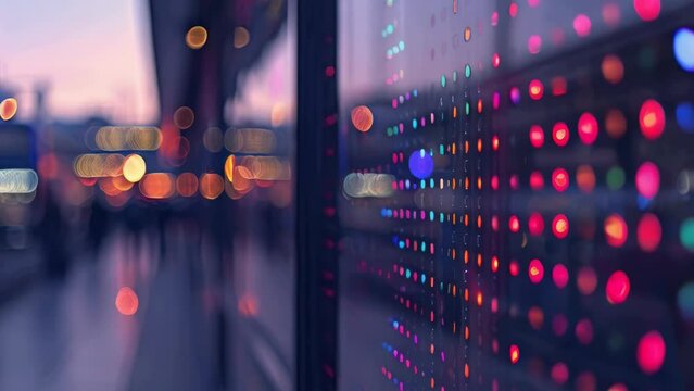 City street with a window displaying a colorful pattern. Scene is one of excitement and energy, as the bright colors and patterns create a sense of movement and vibrancy
