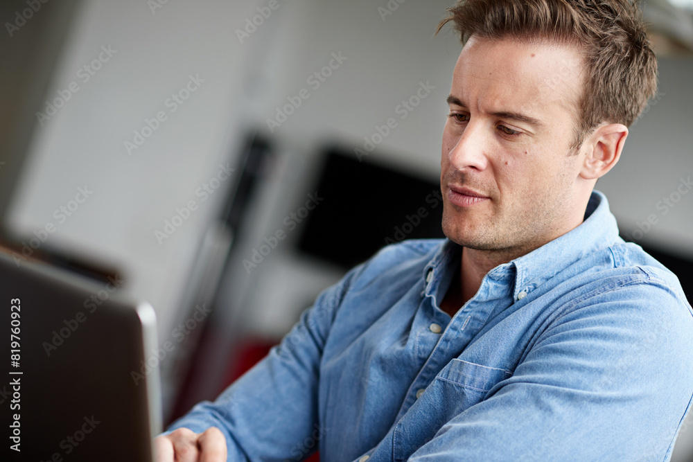 Aufkleber Businessman, laptop and thinking in office for startup, project and research at desk. Web developer, designer and learning with technology for coding in workplace for cybersecurity and programming