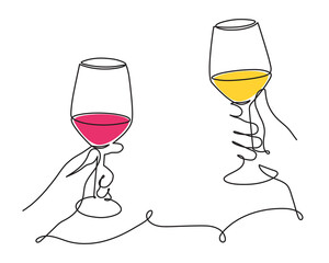 Hands hold cocktail clinking glass.Cheers toast, festive hand drawn alcohol drink decoration for holidays,romantic Valentine's Day design. Isolated.Vector illustration