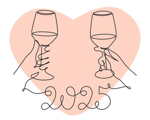 Hand holds wine clinking glass celebrating 2025 new year,one line art,continuous drawing contour.Cheers toast,festive hand drawn holiday decoration,simple minimalist design.Editable stroke.Isolated.