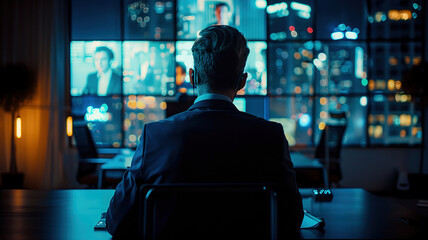Naklejka premium Person in Virtual Meeting with Multiple Screens. A professional participates in a virtual meeting, surrounded by numerous screens displaying various participants and data.