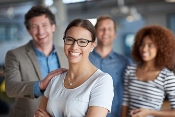 Female leader, confident and team diversity in portrait in office, support and solidarity or...