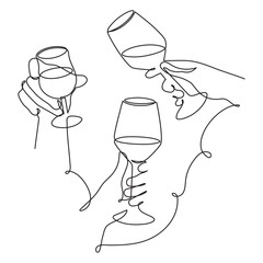 Hands hold cocktail clinking glass.Cheers toast, festive hand drawn alcohol drink decoration for holidays,romantic Valentine's Day design. Isolated.Vector illustration