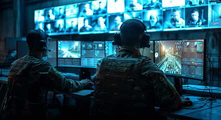 In the central office, Control and Monitoring for managing national security, military surveillance officers use computer screens. Generative AI.