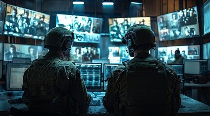 In the central office, Control and Monitoring for managing national security, military surveillance officers use computer screens. Generative AI.