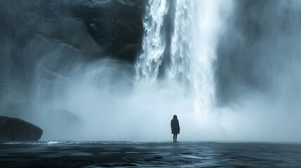 A person stands in front of a waterfall, looking out at the misty - Powered by Adobe