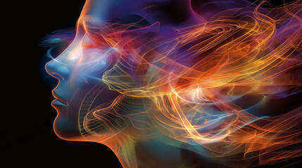 A digital overlay of brainwave patterns on a person's profile, showing the intricate activity of the mind. Dynamic and dramatic composition, with cope space