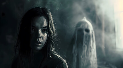 Fototapeta premium A girl with long hair is standing in front of a ghost, halloween concept