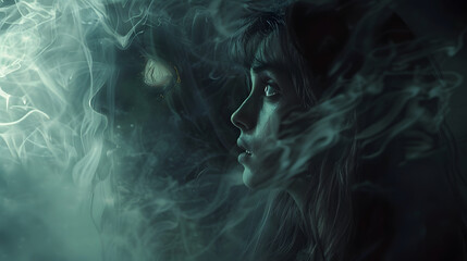 A woman's face is shown in a dark, smokey background, ghoust, halloween concept