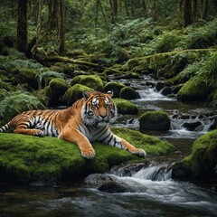 A tiger lounging on a moss-covered rock beside a tranquil forest stream.

