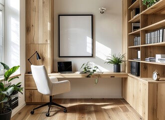 Fototapeta premium 3D render Frame blank mockup. Study room wall poster mockup. Interior mockup with background. Modern interior design.