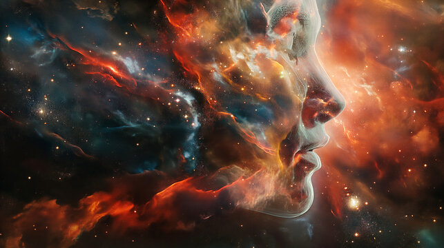 An artistic representation of a person’s head dissolving into a galaxy, symbolizing the boundless nature of consciousness. Dynamic and dramatic composition, with cope space