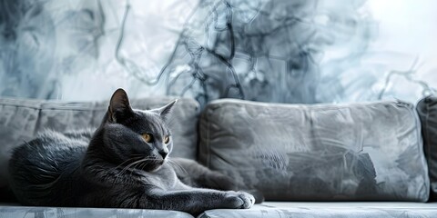 A gray cat lounges against a stucco wall in a boho-chic modern living room. Concept Cats, Interior Design, Boho-Chic, Modern Living Room, Gray Color