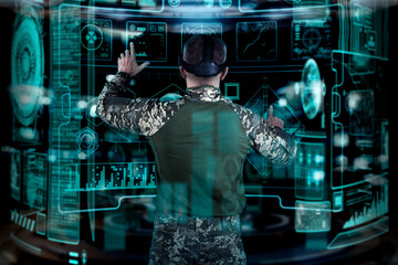 Military Think Tank, AI technology in the army. Warfare analytic operator checking coordination of...