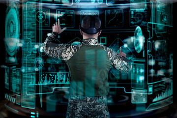 Military Think Tank, AI technology in the army. Warfare analytic operator checking coordination of the military team. Military commander with a digital device with vr glasses operating troops