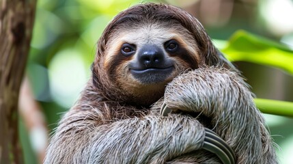 Fototapeta premium Cute sloth hanging on a tree in the jungle, smiling and looking at the camera.