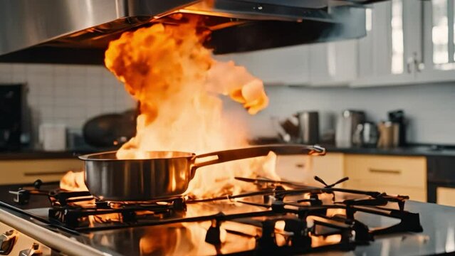 Kitchen fire accident, Stove ignited in the kitchen during cooking, Smoke and soot around