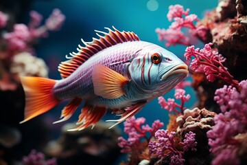 Fototapeta premium Colorful tropical fish in the aquarium. Underwater world with corals and tropical fish.