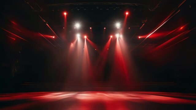 A stage with red lights shining on it. Scene is bright and energetic