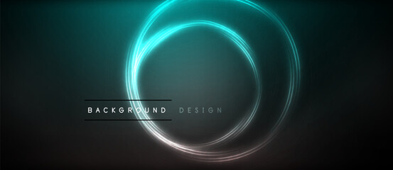 Neon glowing circle rays, light round lines in the dark, planet style neon wave lines. Energetic electric concept design for wallpaper, banner, background
