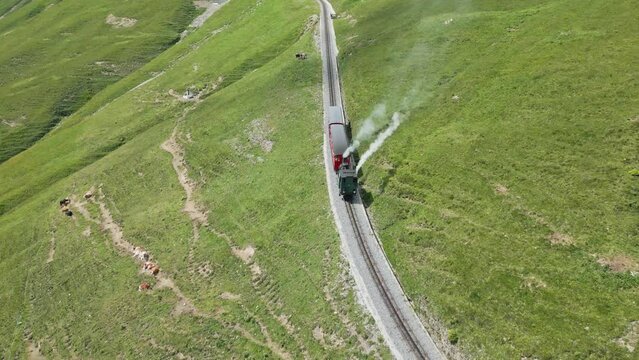 Drone footage of the steam trains on Brienzer Rothorn Mountain in Brienz village, Switzerland