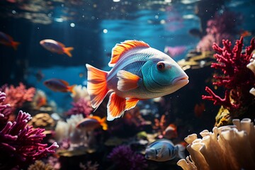 Colorful tropical fish in the aquarium. Underwater world with corals and tropical fish.