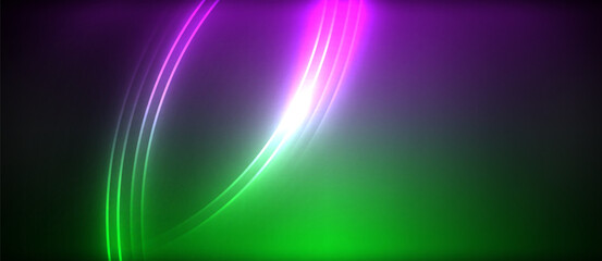 Neon glowing circle rays, light round lines in the dark, planet style neon wave lines. Energetic electric concept design for wallpaper, banner, background