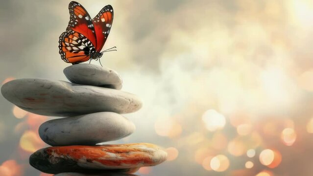 A butterfly sits on top of a stack of rocks. The scene is serene and peaceful, with the butterfly being the focal point. The rocks provide a sense of stability and grounding