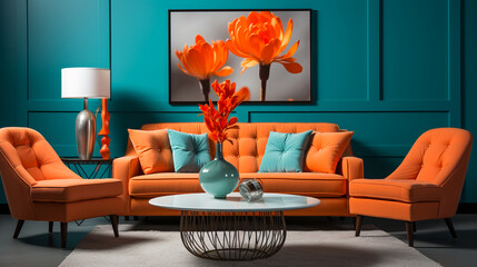 Obraz premium Modern living room interior in hot orange und teal green color