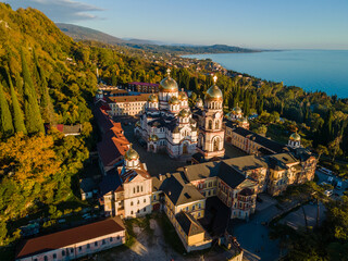 Top view of orthodox monastery in novy afon, abkhazia. christian temple in new athos. photo from...