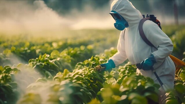 Costume spraying pesticides , Farmer spraying vegetables in the garden farm ,  an herbicide linked to cancer