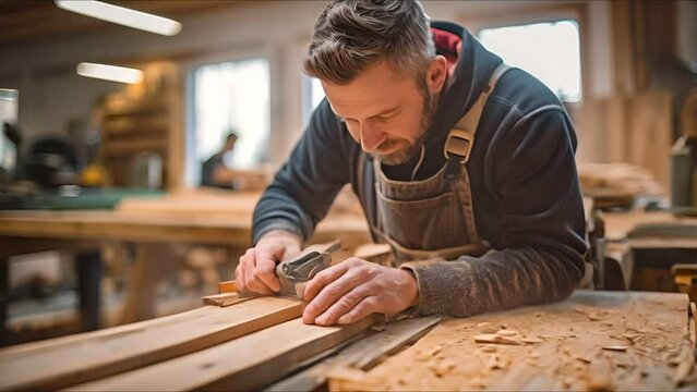 Carpenter working on wooden table in a carpentry workshop