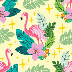 Tropic Flamingo vector pattern design on yellow background