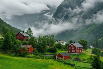 Fototapeta premium Ox Tower - Imsum - backwards aerial view with a view of a red brick tower at the foot of a landscaped cemetery. Beautiful simple AI generated image in 4K, unique.