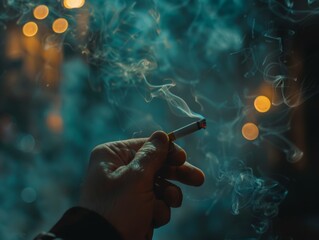 A hand holding a lit cigarette with smoke swirling in the air.
