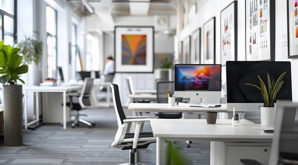Modern office interior design. A bright modern office space with focus on the foreground desk and plant