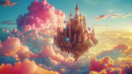 A giant balloon castle floats in the rainbow-colored clouds, adorned with whimsical wind chimes and colorful balloons. Generative AI.