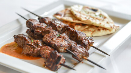 Exquisite presentation of traditional tanzanian cuisine: grilled meat skewers and fluffy flatbread served on a white plate