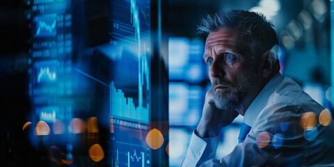 A capturing the intensity of a stock trader amidst a bustling trading floor, surrounded by screens displaying real-time market data