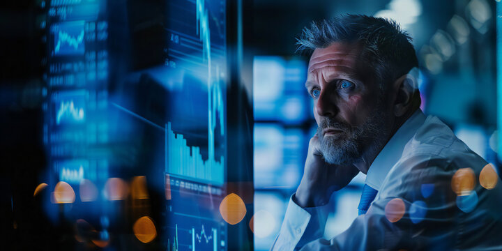 A capturing the intensity of a stock trader amidst a bustling trading floor, surrounded by screens displaying real-time market data