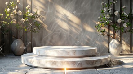 Background podium product display 3D stand platform white marble stone rendered in 3D.