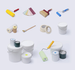Painter work tools and paint buckets
