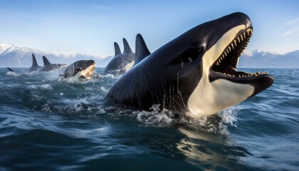 Fototapeta premium Groups of Orcas or killer whales swim and hunt for prey, the top of the food chain in a sea of ​​ice floes
